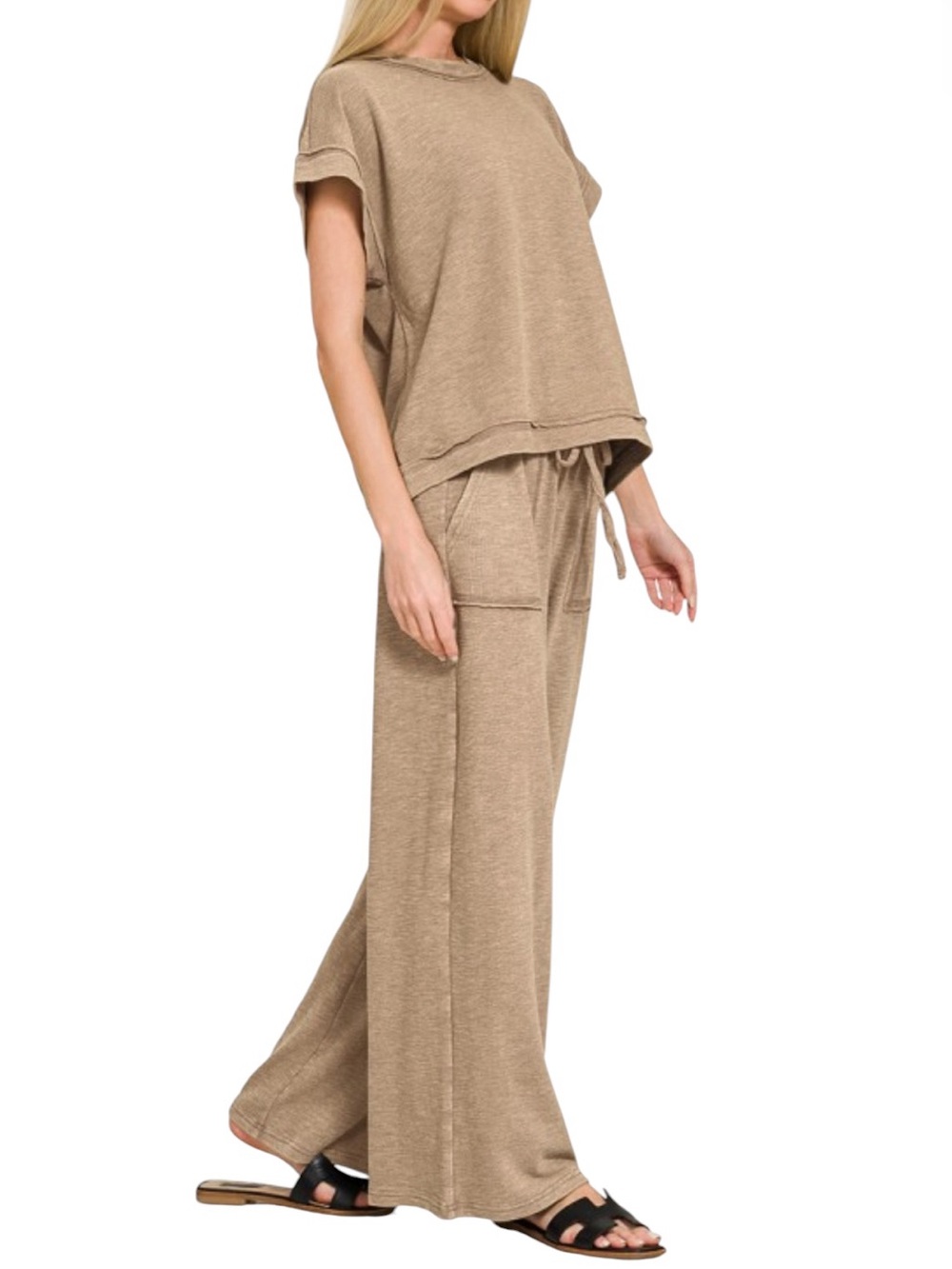167. Women’s Coco Relaxed Mineral Wash Slub Wide-Leg Comfy Pant Set NEW